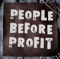 a picture of a patch that reads, "people before profit."